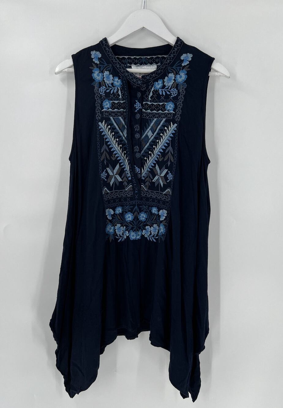 Biya Johnny Was Womens Dress Small Blue Floral Sleeveless Embroidered Button